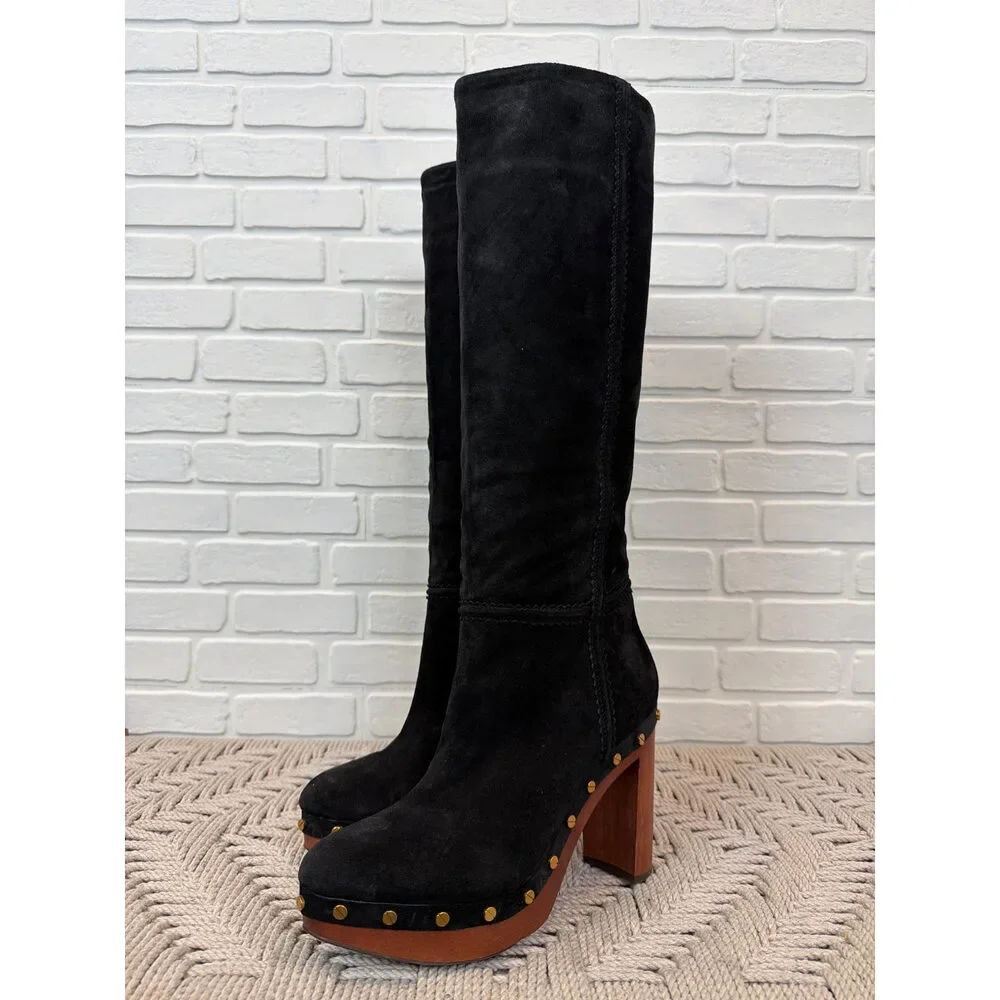 Veronica Beard Black Suede Studded Wooden Platform Clog Boots 8.5